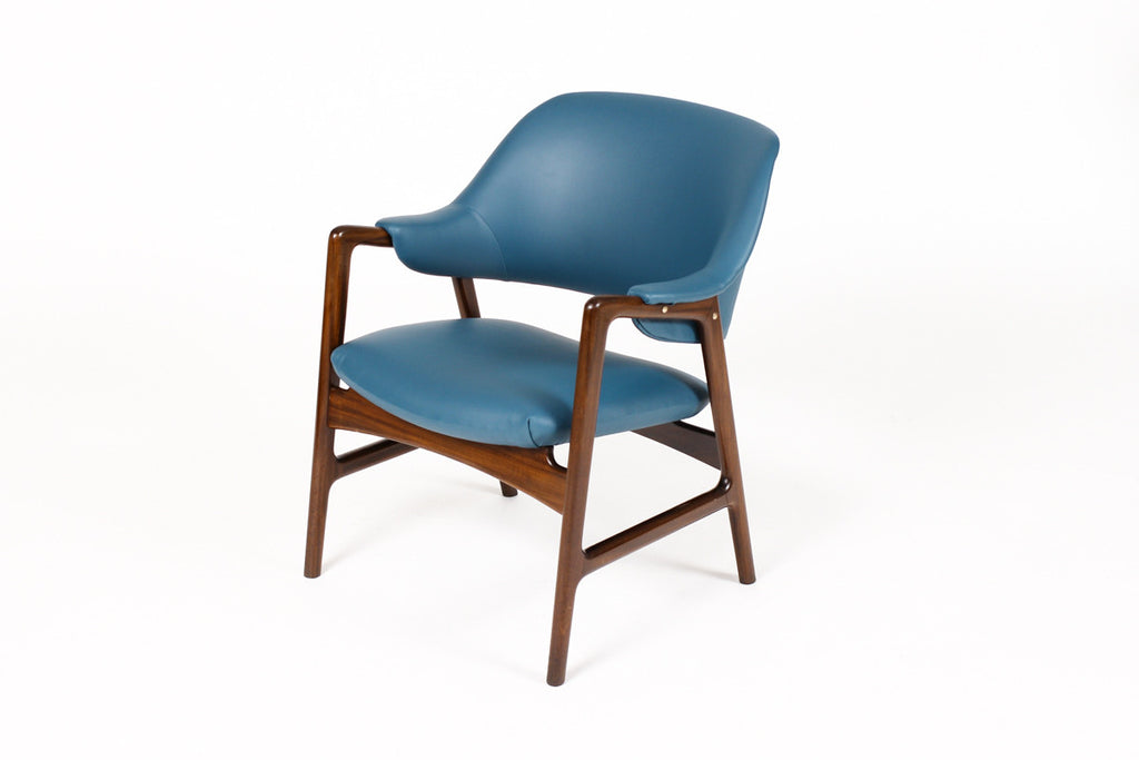 #1057 — Danish Modern / Mid Century Mahogany Framed Lounge Chair — Blue Vinyl — Ingmar Relling for Westnofa