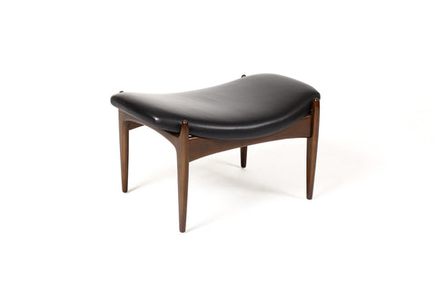 #1900 — Danish Modern / Mid Century Mahogany Ottoman / Foot stool — Kofod Larsen for Selig — Black Leather