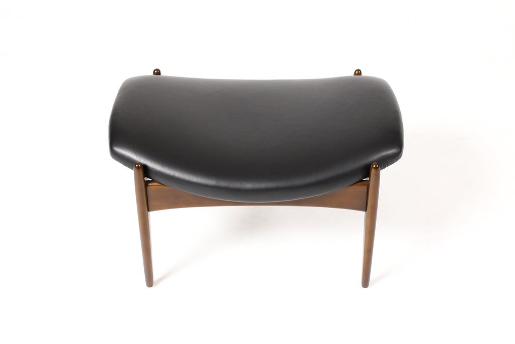 #1900 — Danish Modern / Mid Century Mahogany Ottoman / Foot stool — Kofod Larsen for Selig — Black Leather