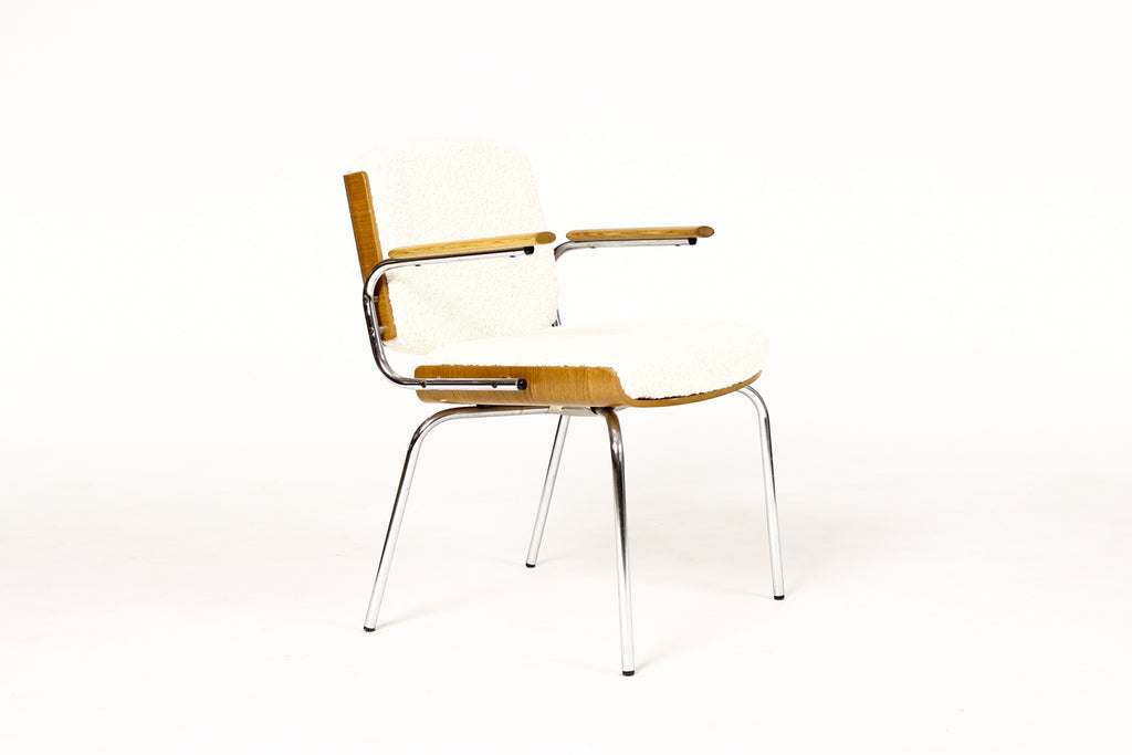 #1907 — Danish Modern / Mid Century Arm Chairs — Duba Møbelindustri —  Chrome + Oak + Natural Bouclé
