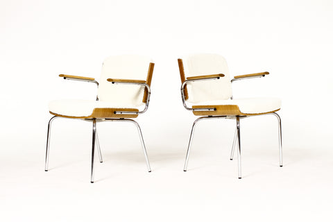 #1907 — Danish Modern / Mid Century Arm Chairs — Duba Møbelindustri —  Chrome + Oak + Natural Bouclé
