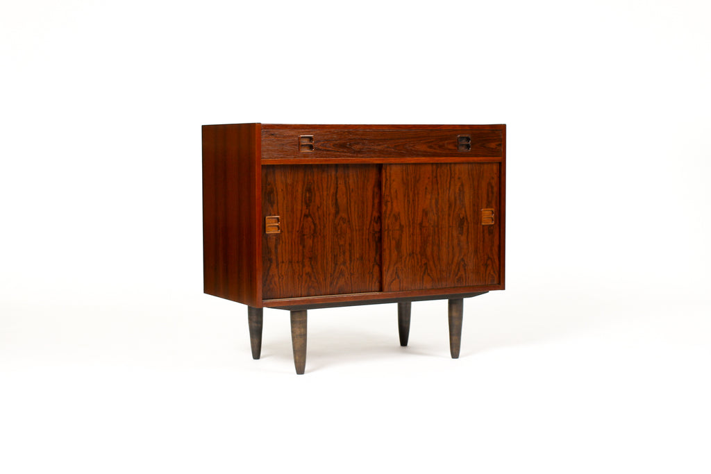 #2013 — Danish Modern / Mid Century Compact Rosewood Credenza / Sideboard — Sliding Doors + Shallow Drawer
