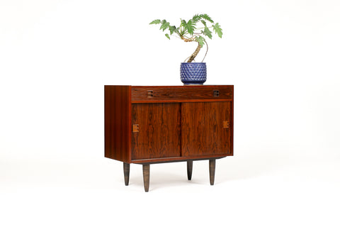 #2013 — Danish Modern / Mid Century Compact Rosewood Credenza / Sideboard — Sliding Doors + Shallow Drawer