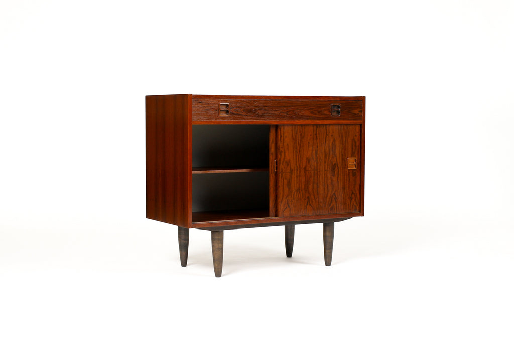 #2013 — Danish Modern / Mid Century Compact Rosewood Credenza / Sideboard — Sliding Doors + Shallow Drawer