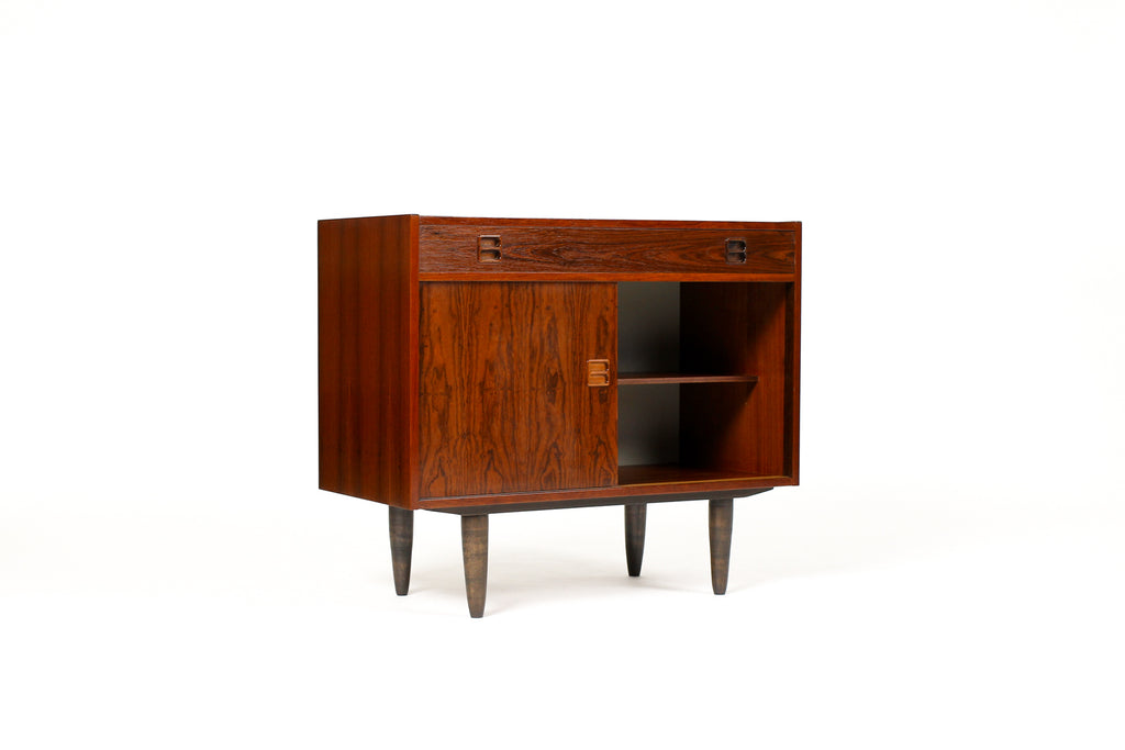 #2013 — Danish Modern / Mid Century Compact Rosewood Credenza / Sideboard — Sliding Doors + Shallow Drawer