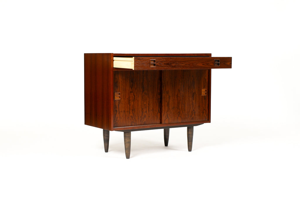 #2013 — Danish Modern / Mid Century Compact Rosewood Credenza / Sideboard — Sliding Doors + Shallow Drawer