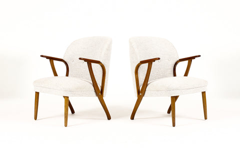 #1756 – Danish Modern / Mid Century Upholstered Teak Lounge / Armchairs – Light Gray Textile – Pair