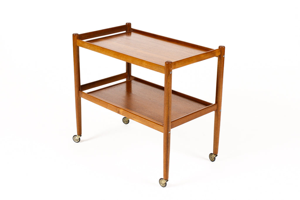 #2042 — Danish Modern / Mid Century Teak Bar Cart / Rolling Tea Service — Low shelf