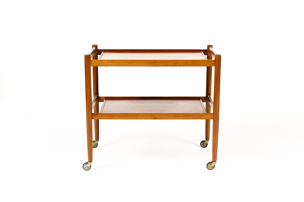 #2042 — Danish Modern / Mid Century Teak Bar Cart / Rolling Tea Service — Low shelf