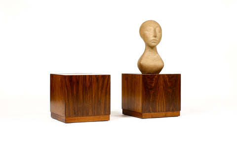 #1977 — Mid Century Vintage Walnut Square Cube Pedestal End Tables — Milo Baughman Attributed — Pair