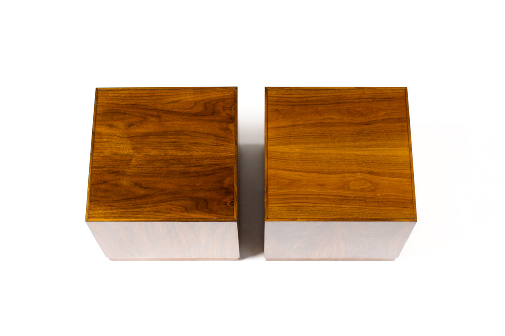 #1977 — Mid Century Vintage Walnut Square Cube Pedestal End Tables — Milo Baughman Attributed — Pair