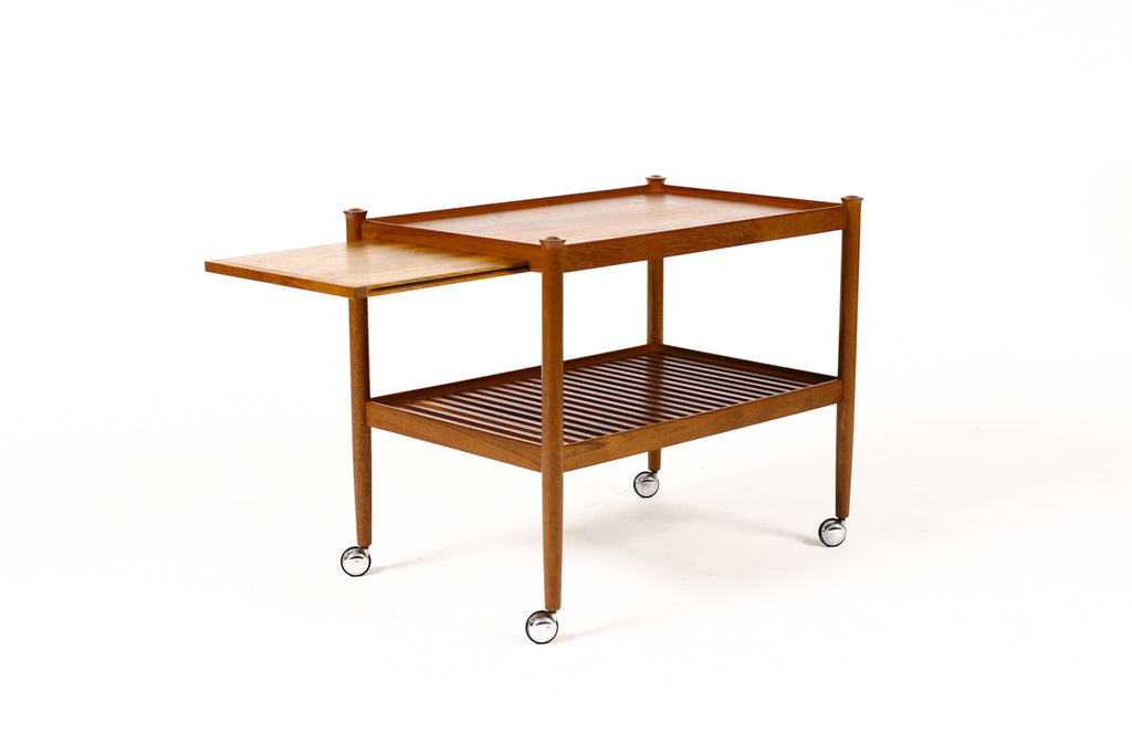 #1382 — Danish Modern / Mid Century Teak Bar Cart / Rolling Tea Service — Slat Shelf