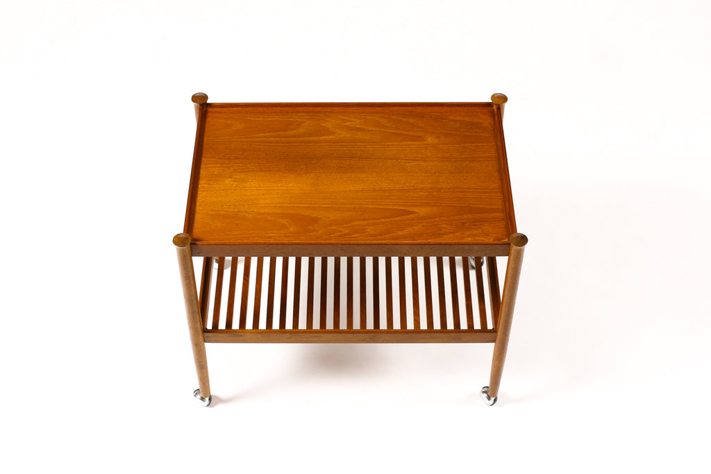 #1382 — Danish Modern / Mid Century Teak Bar Cart / Rolling Tea Service — Slat Shelf