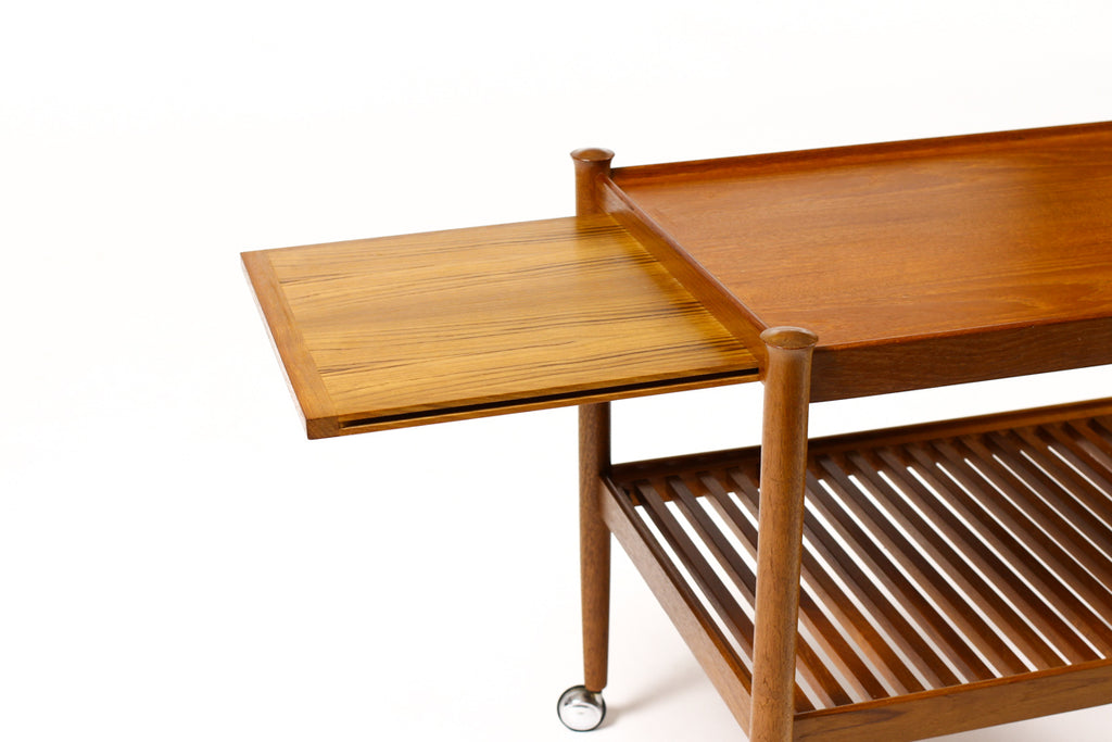 #1382 — Danish Modern / Mid Century Teak Bar Cart / Rolling Tea Service — Slat Shelf