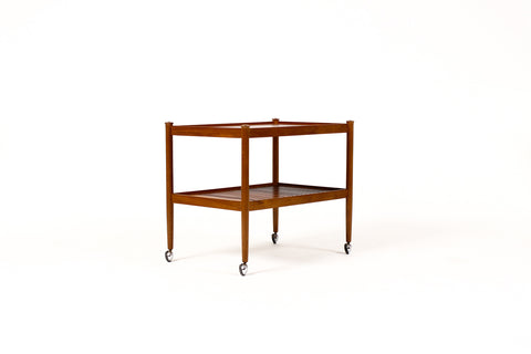 #1382 — Danish Modern / Mid Century Teak Bar Cart / Rolling Tea Service — Slat Shelf