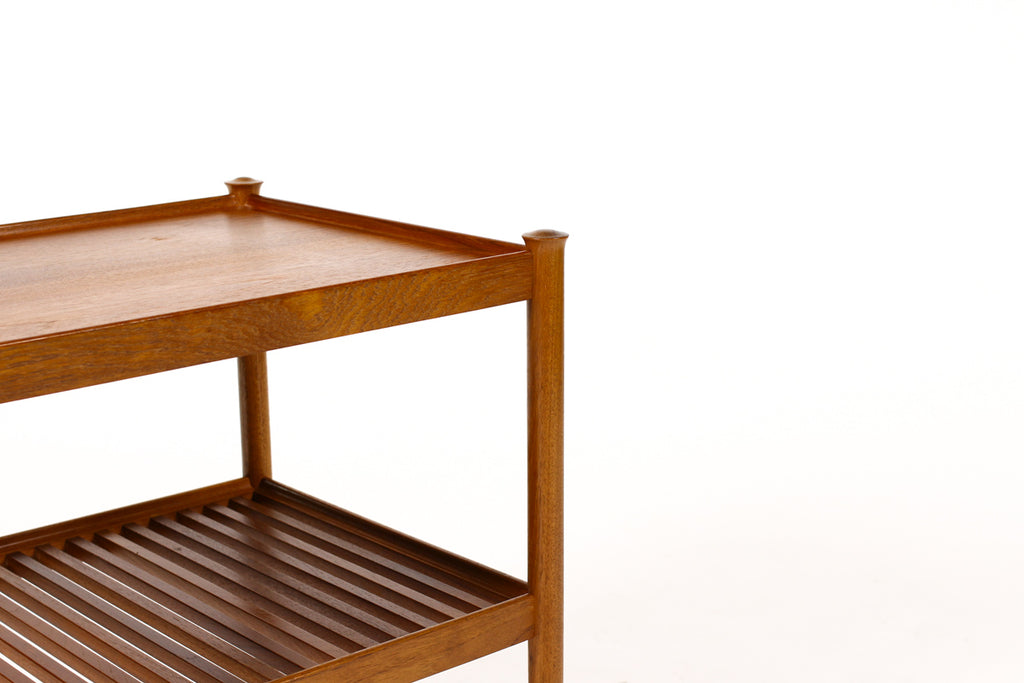 #1382 — Danish Modern / Mid Century Teak Bar Cart / Rolling Tea Service — Slat Shelf