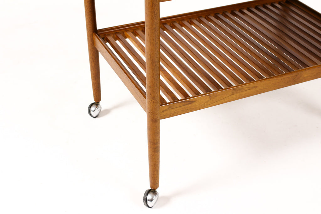 #1382 — Danish Modern / Mid Century Teak Bar Cart / Rolling Tea Service — Slat Shelf