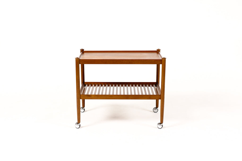 #1382 — Danish Modern / Mid Century Teak Bar Cart / Rolling Tea Service — Slat Shelf