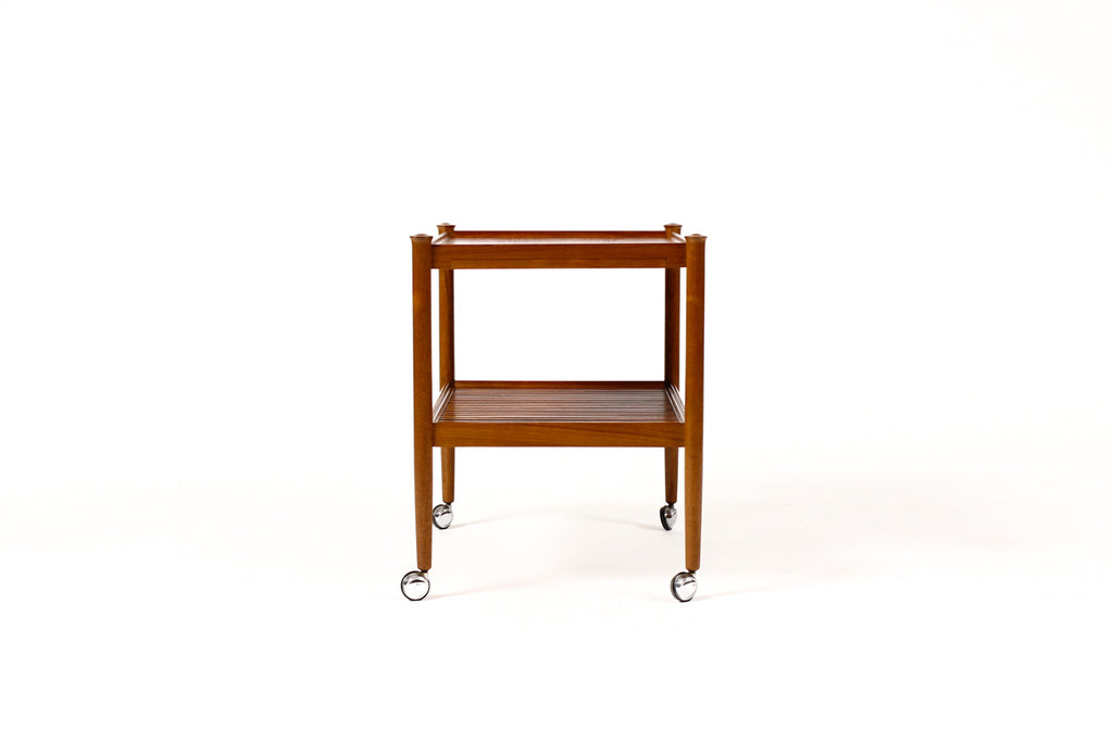 #1382 — Danish Modern / Mid Century Teak Bar Cart / Rolling Tea Service — Slat Shelf