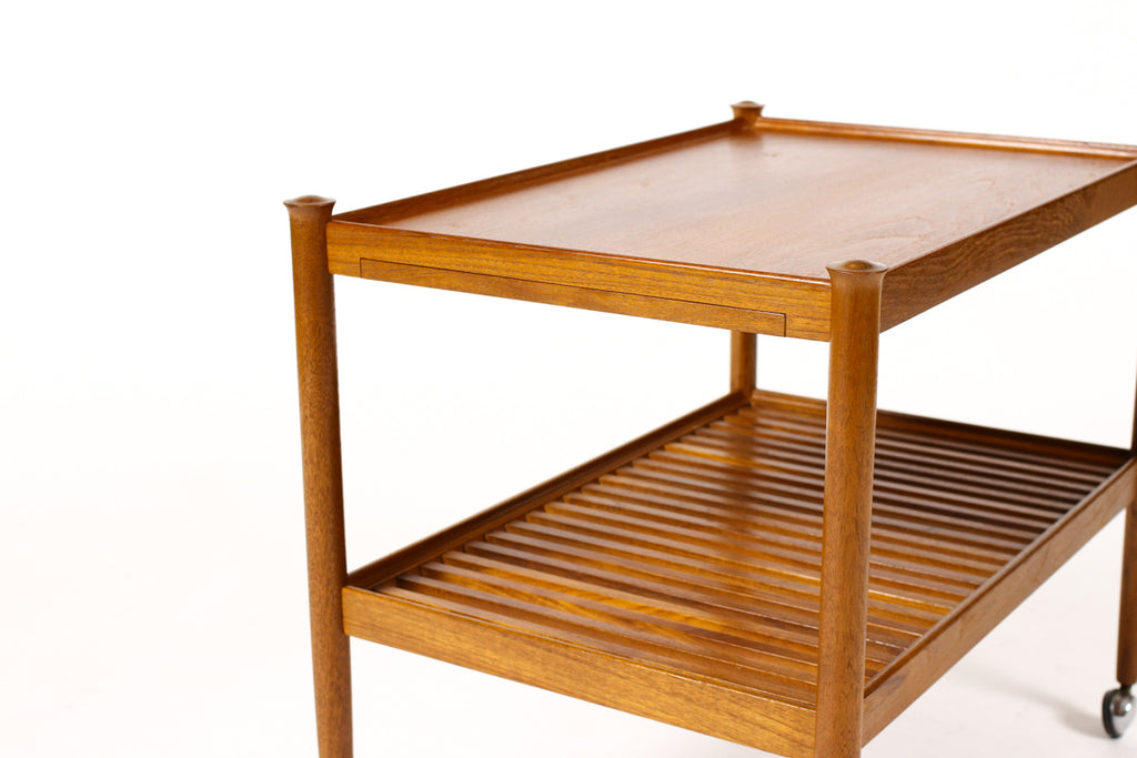 #1382 — Danish Modern / Mid Century Teak Bar Cart / Rolling Tea Service — Slat Shelf