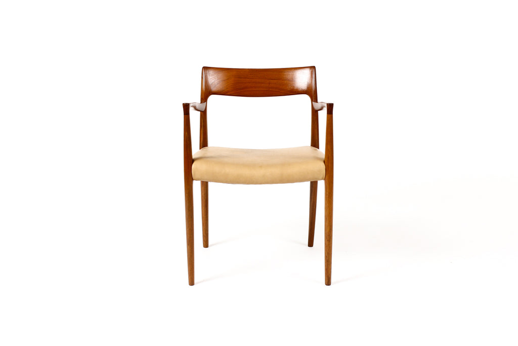 #1822 — Danish Modern / Mid Century Teak Armchair / Captain’s Chair — J.L. Moller Model #57 — Tan Leather