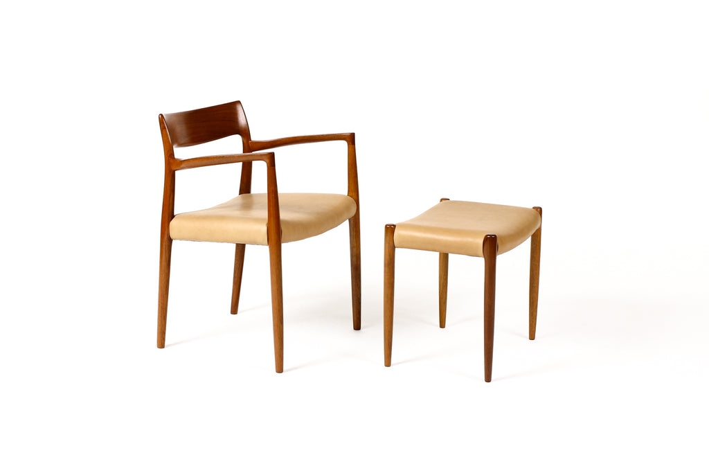 #1822 — Danish Modern / Mid Century Teak Armchair / Captain’s Chair — J.L. Moller Model #57 — Tan Leather