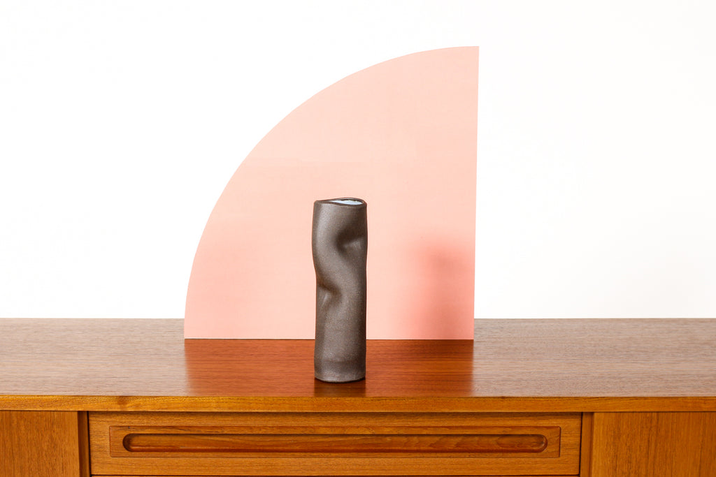 #1784 — Organic Modern / Primitive  Sculptural Extruded Ceramic Stem Vase — Two Pinch — Dark Brown Stoneware