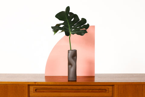 #1784 — Organic Modern / Primitive  Sculptural Extruded Ceramic Stem Vase — Two Pinch — Dark Brown Stoneware