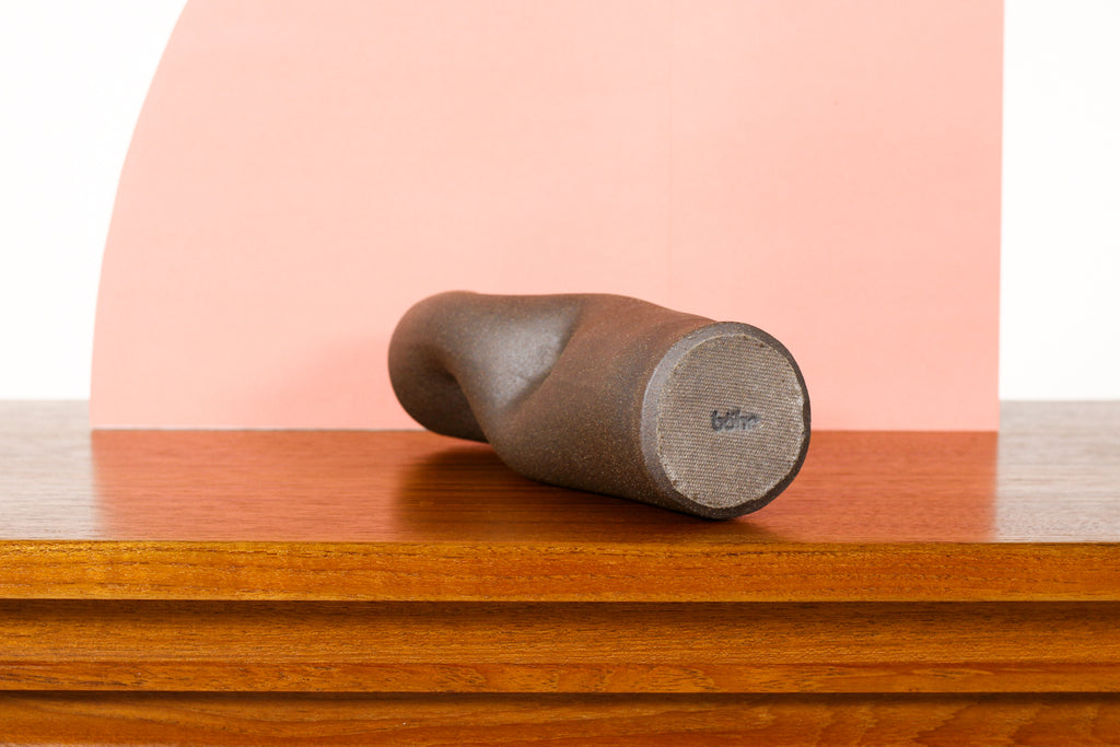 #1784 — Organic Modern / Primitive  Sculptural Extruded Ceramic Stem Vase — Two Pinch — Dark Brown Stoneware