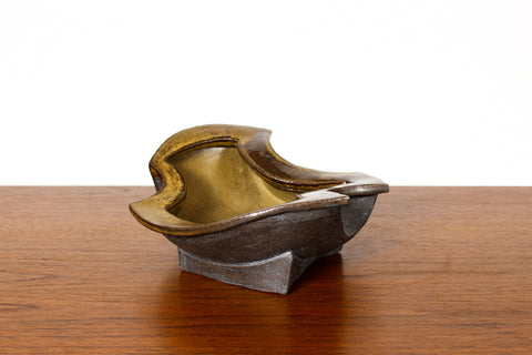 #1845 — Modernist Hand-Built Stoneware Sculptural Footed Bowl — Matte Black Glaze — JR6