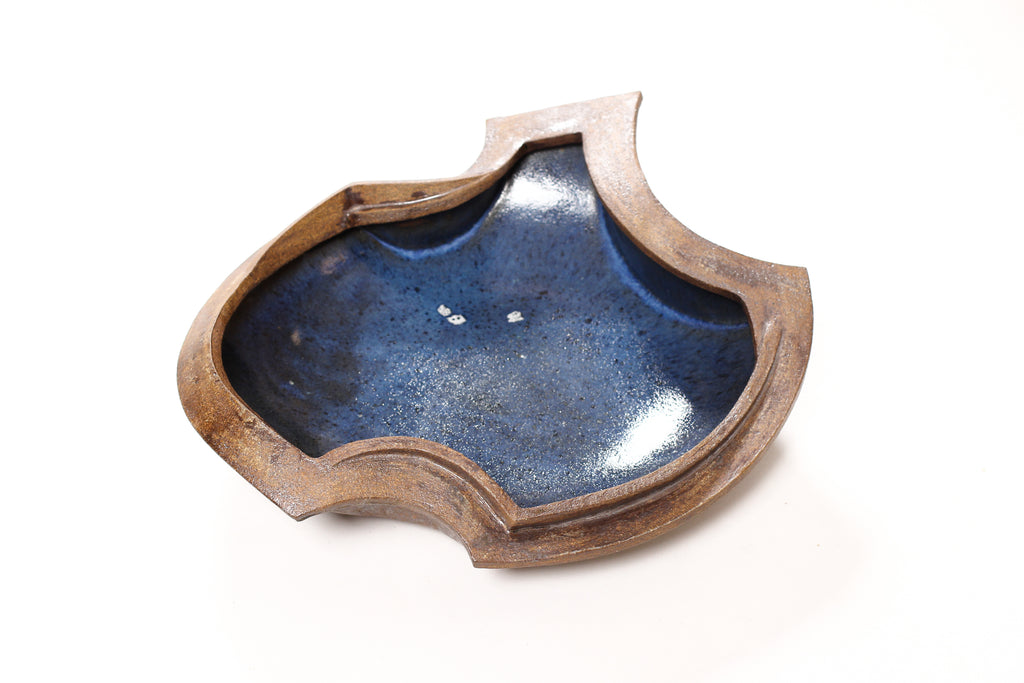 #1552 — Modernist Hand-Built Stoneware Sculptural Footed Bowl — Raw Clay + Blue Glazed Interior — JR1