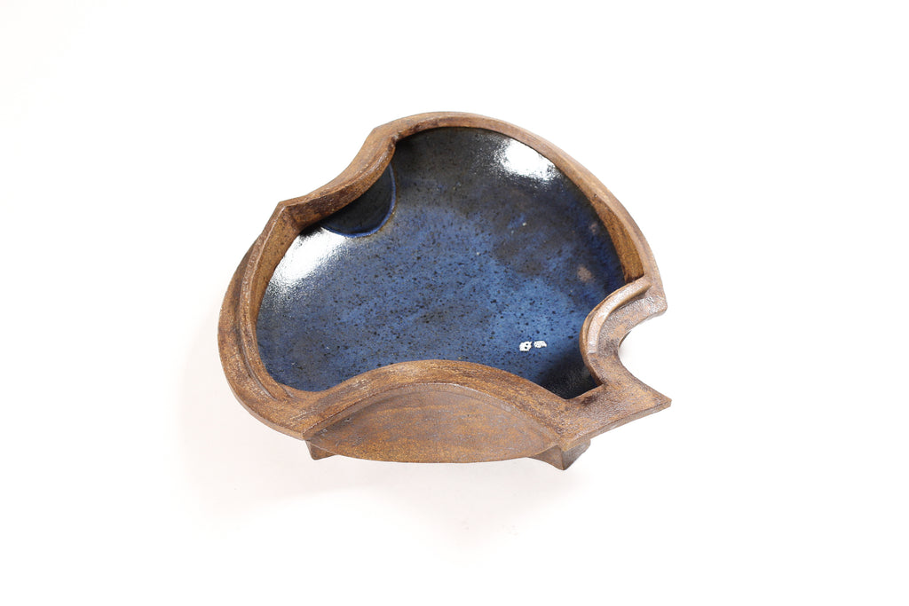 #1552 — Modernist Hand-Built Stoneware Sculptural Footed Bowl — Raw Clay + Blue Glazed Interior — JR1