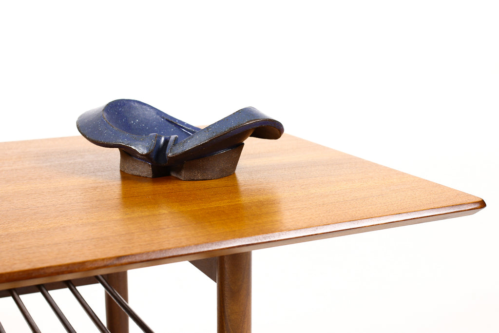 #1549 — Modernist Hand-Built Stoneware Sculptural Footed Bowl — Matte Blue Glaze — JR4