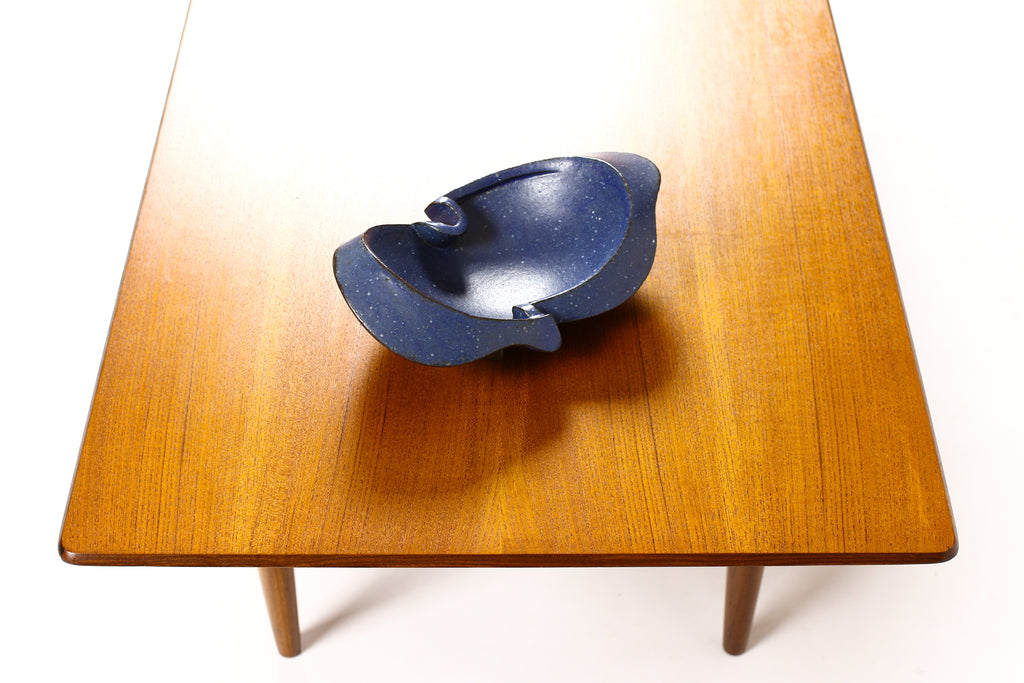 #1549 — Modernist Hand-Built Stoneware Sculptural Footed Bowl — Matte Blue Glaze — JR4