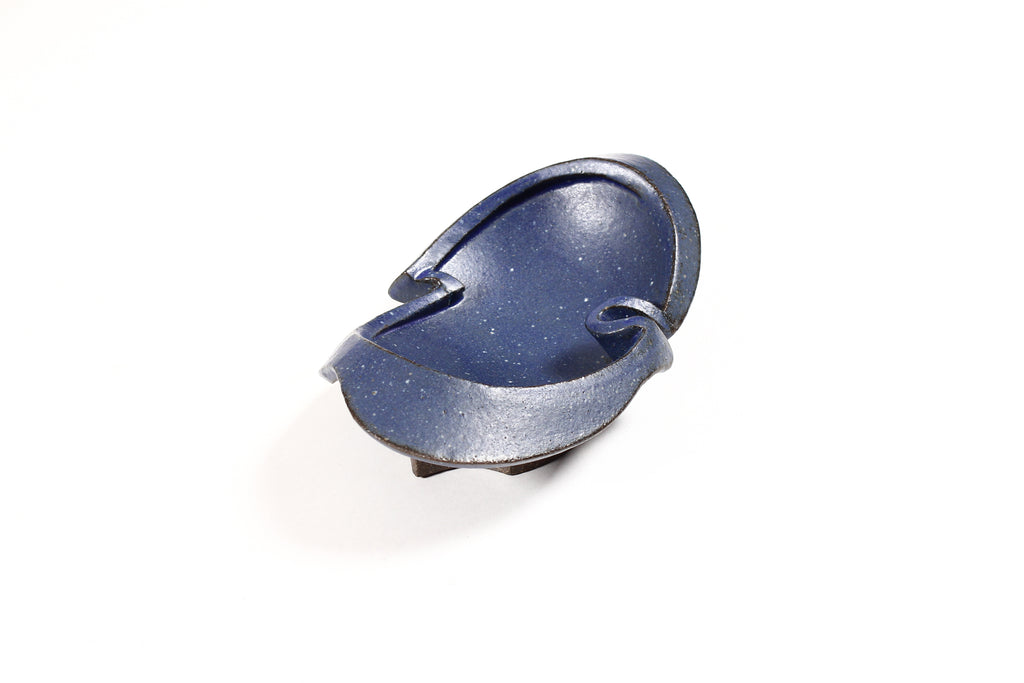 #1549 — Modernist Hand-Built Stoneware Sculptural Footed Bowl — Matte Blue Glaze — JR4