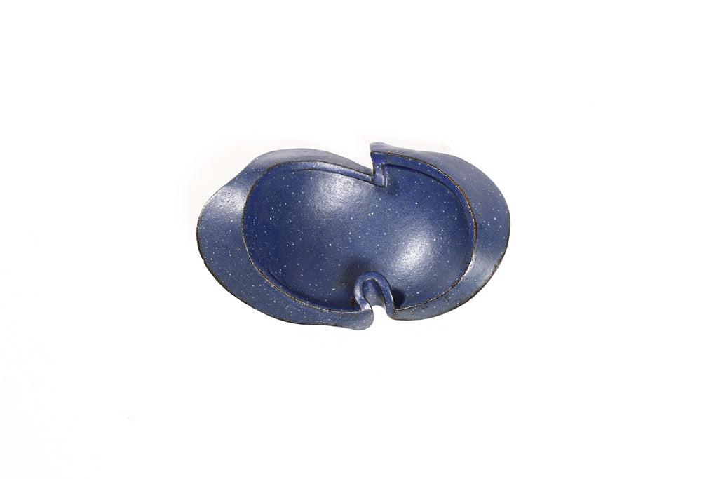 #1549 — Modernist Hand-Built Stoneware Sculptural Footed Bowl — Matte Blue Glaze — JR4