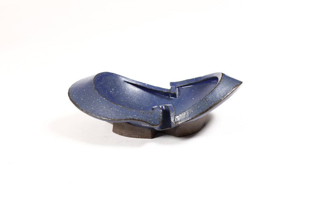 #1549 — Modernist Hand-Built Stoneware Sculptural Footed Bowl — Matte Blue Glaze — JR4