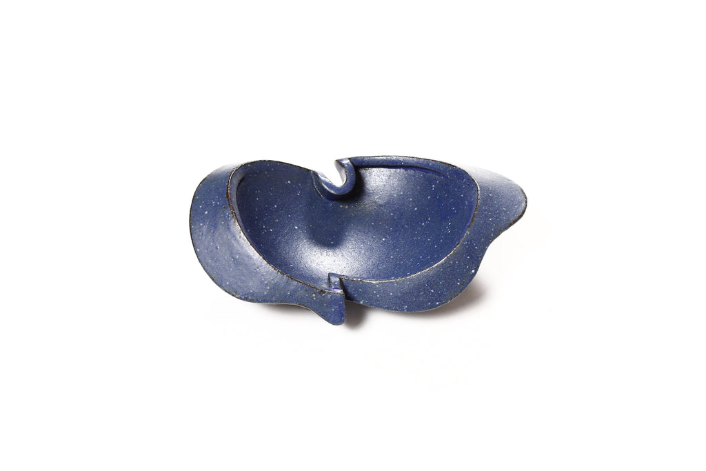 #1549 — Modernist Hand-Built Stoneware Sculptural Footed Bowl — Matte Blue Glaze — JR4