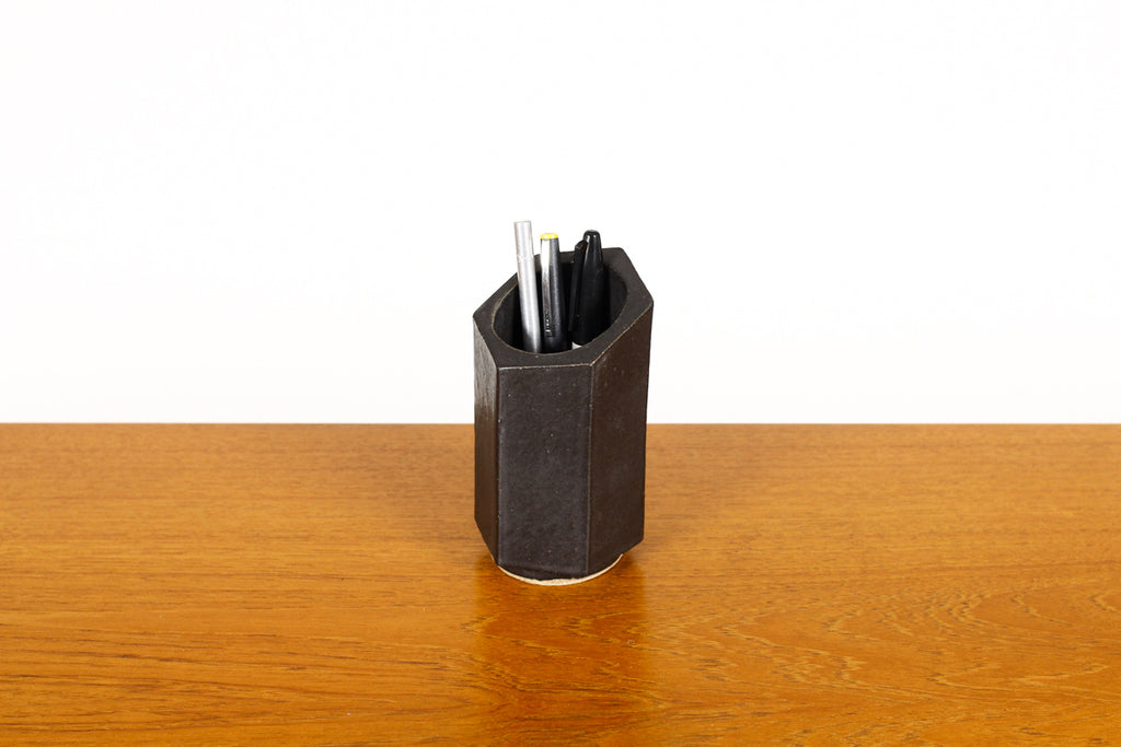 #1462 — Stoneware Hex Tool / Pencil Holder — Matte Black Glaze