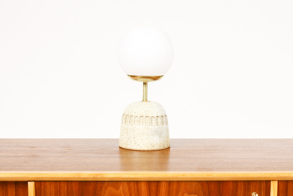 #1945 - Ceramic Stoneware Studio Pottery Table Lamp — Globe shade — Slot Pattern — White Glaze — L16