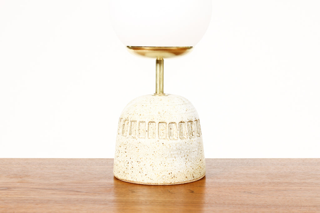 #1945 - Ceramic Stoneware Studio Pottery Table Lamp — Globe shade — Slot Pattern — White Glaze — L16
