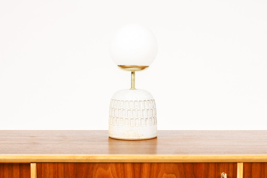 #1948 - Ceramic Stoneware Studio Pottery Table Lamp — Globe shade — Slot Pattern — White Glaze — L19
