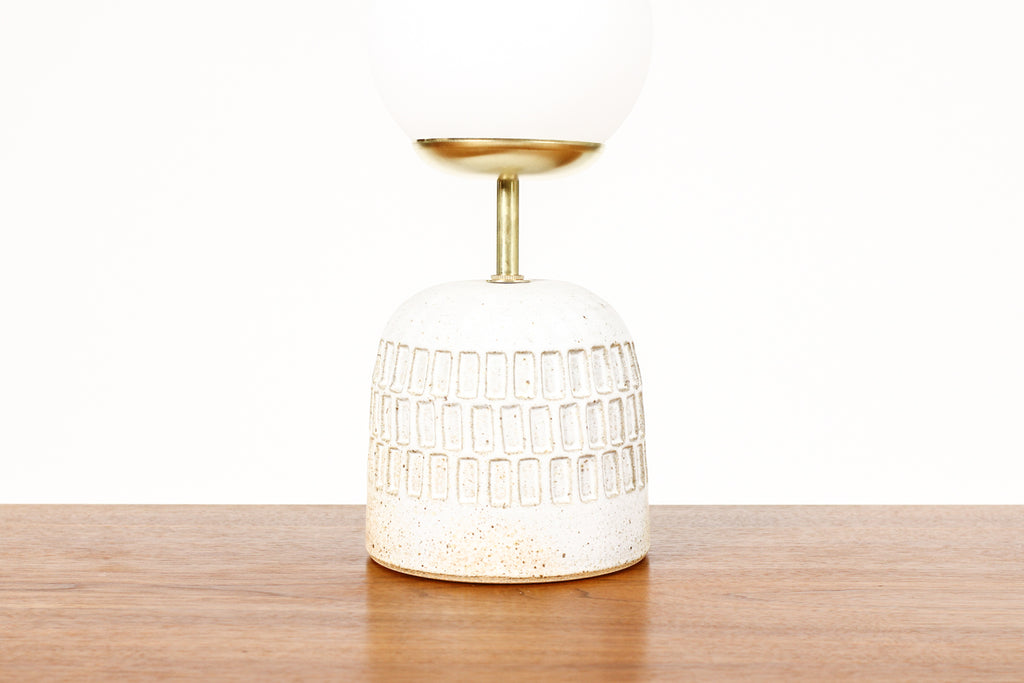 #1948 - Ceramic Stoneware Studio Pottery Table Lamp — Globe shade — Slot Pattern — White Glaze — L19
