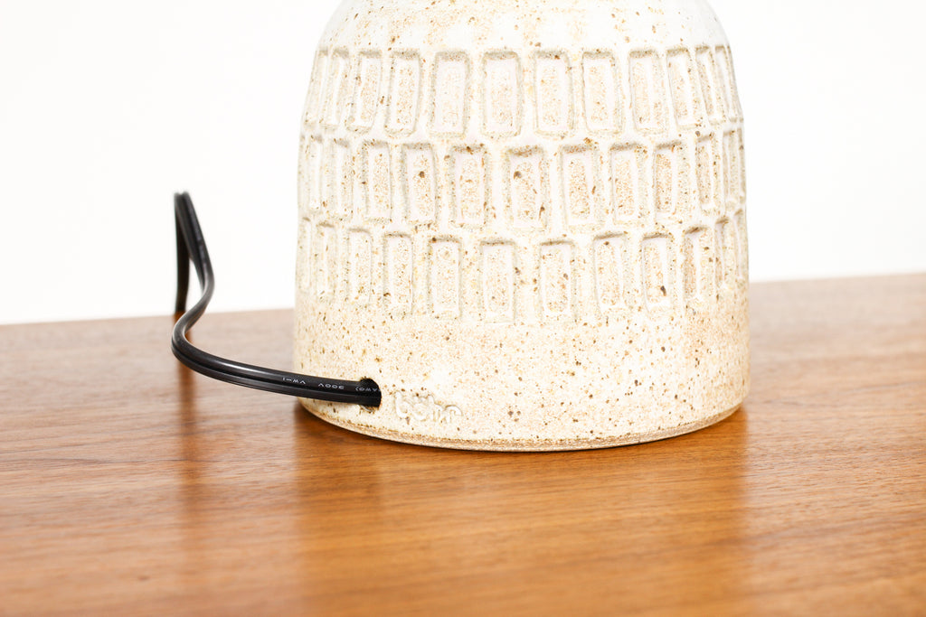 #1948 - Ceramic Stoneware Studio Pottery Table Lamp — Globe shade — Slot Pattern — White Glaze — L19