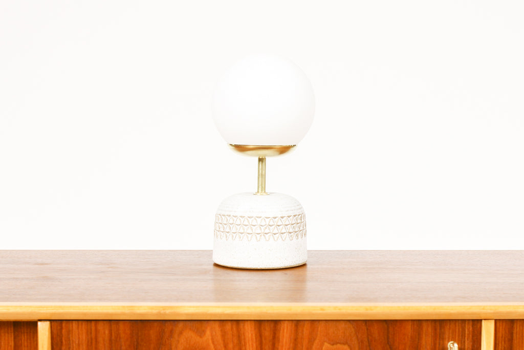 #1950 - Ceramic Stoneware Studio Pottery Table Lamp — Globe shade — Small Delta Pattern — White Glaze — L21