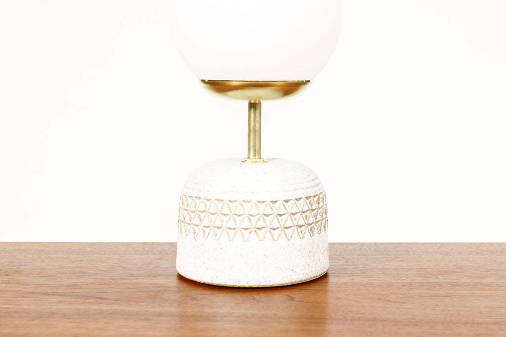 #1950 - Ceramic Stoneware Studio Pottery Table Lamp — Globe shade — Small Delta Pattern — White Glaze — L21
