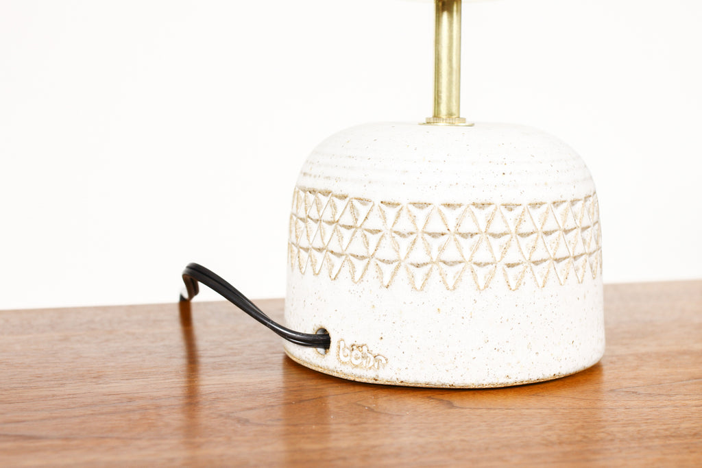 #1950 - Ceramic Stoneware Studio Pottery Table Lamp — Globe shade — Small Delta Pattern — White Glaze — L21