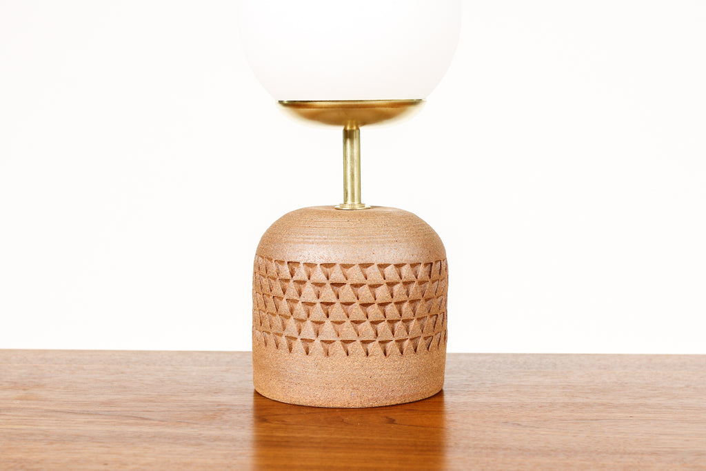 #1951 - Ceramic Stoneware Studio Pottery Table Lamp — Globe shade — Small Delta Pattern — Raw Clay — L22
