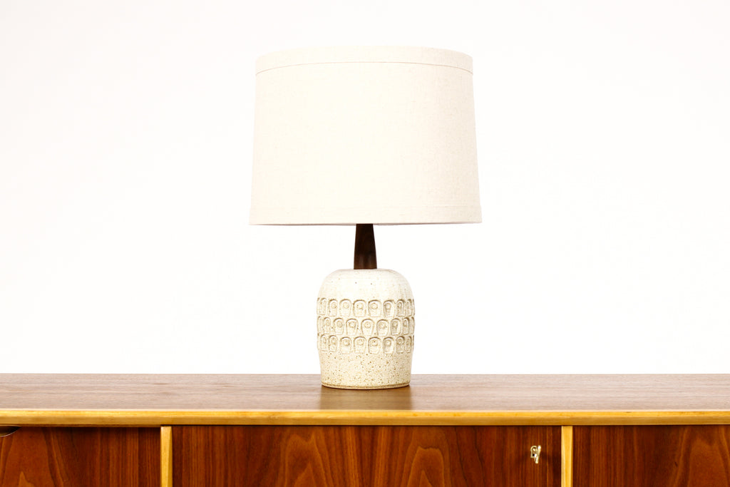 #1957 - Ceramic Stoneware Studio Pottery Table Lamp - Keyhole Pattern — White Glaze — L28