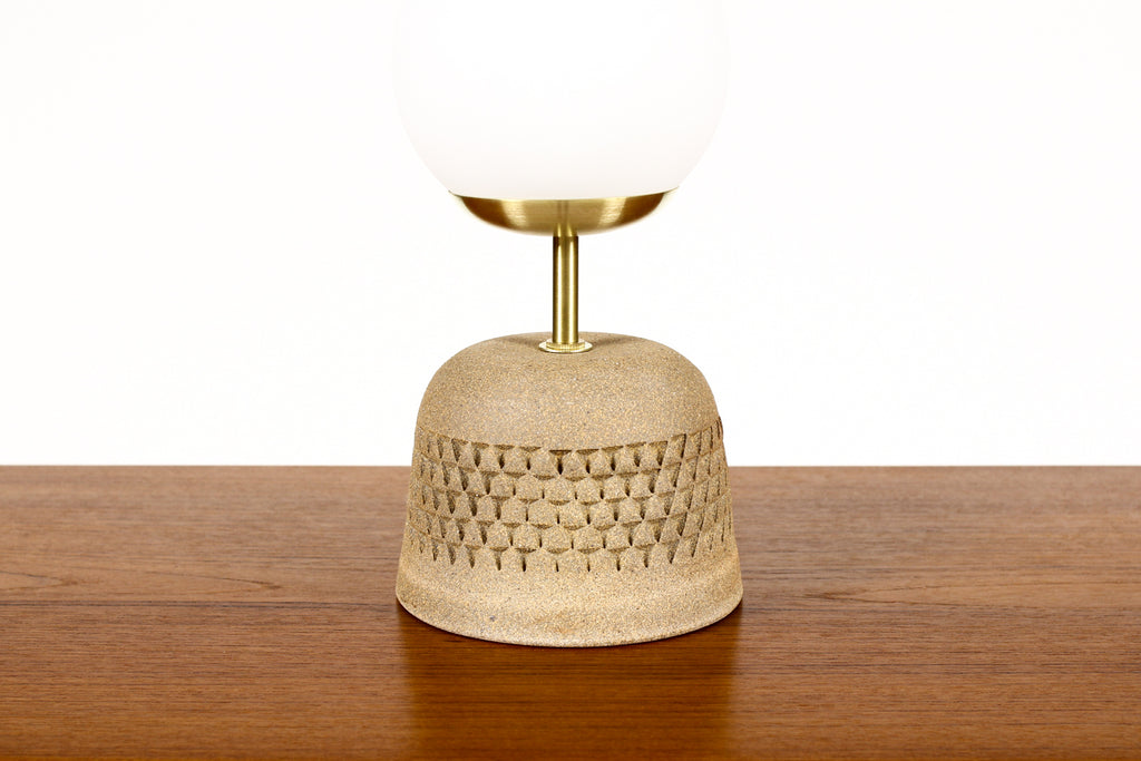 #2038 - Ceramic Stoneware Studio Pottery Table Lamp — Globe shade — Small Delta Pattern — Raw Clay — L37